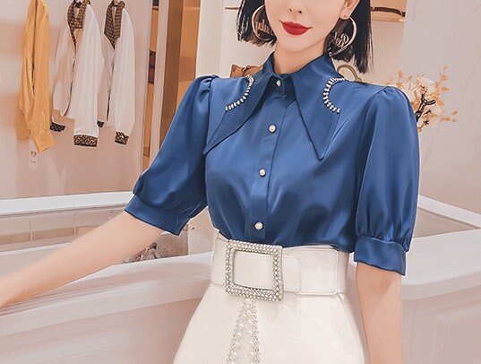 Blue/black/yellow designer art blouse, woman point collar Puffy sleeved shirt elegant classic prom party wedding formal event gift for her