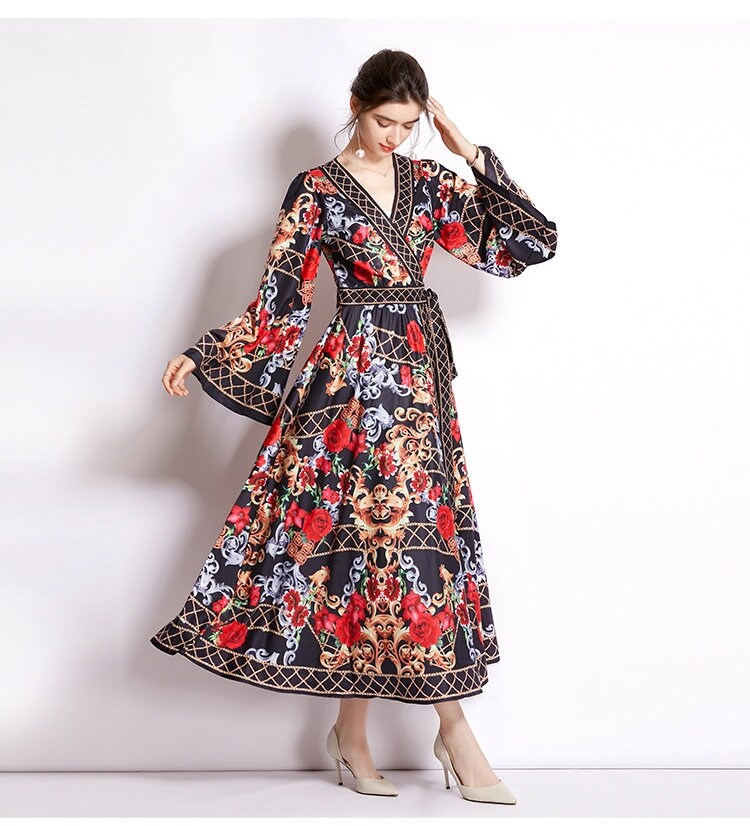 Designer Princess art pattern dress, women lantern sleeve dress in pattern graphics, dress for formal / casual / party event/ gift