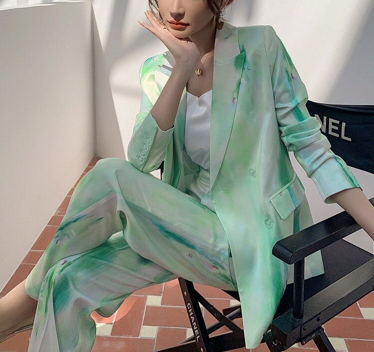 Watercolor Ink Green Pantsuit, Women blazer & pants Spring Suit Waterink pattern Formal Smart Casual Event Party Wedding Gift for her