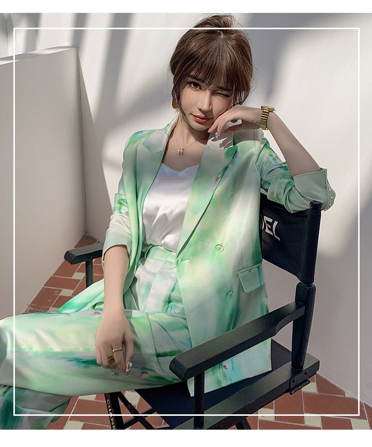 Watercolor Ink Green Pantsuit, Women blazer & pants Spring Suit Waterink pattern Formal Smart Casual Event Party Wedding Gift for her