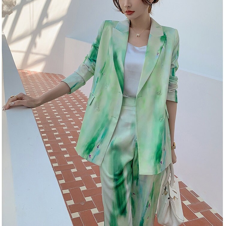 Watercolor Ink Green Pantsuit, Women blazer & pants Spring Suit Waterink pattern Formal Smart Casual Event Party Wedding Gift for her