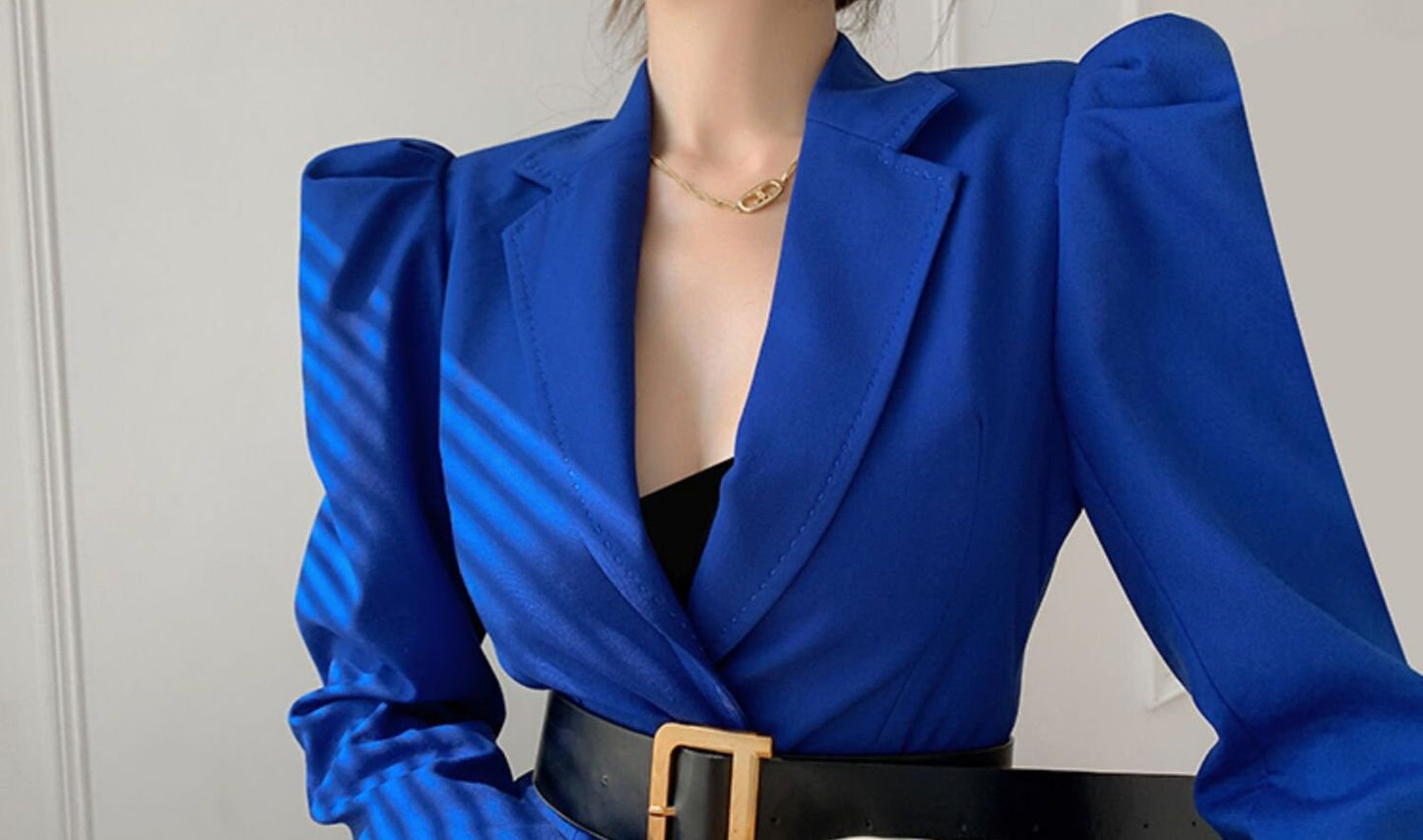 Designer Blue Pantsuit Pointy Shoulder Puffty Sleeves, Women Blazer & Pants Elegant Classic Solid Color Event Party Wedding Formal Gift