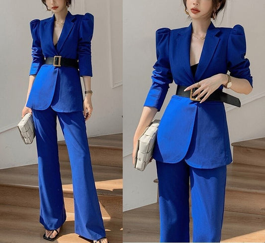 Designer Blue Pantsuit Pointy Shoulder Puffty Sleeves, Women Blazer & Pants Elegant Classic Solid Color Event Party Wedding Formal Gift