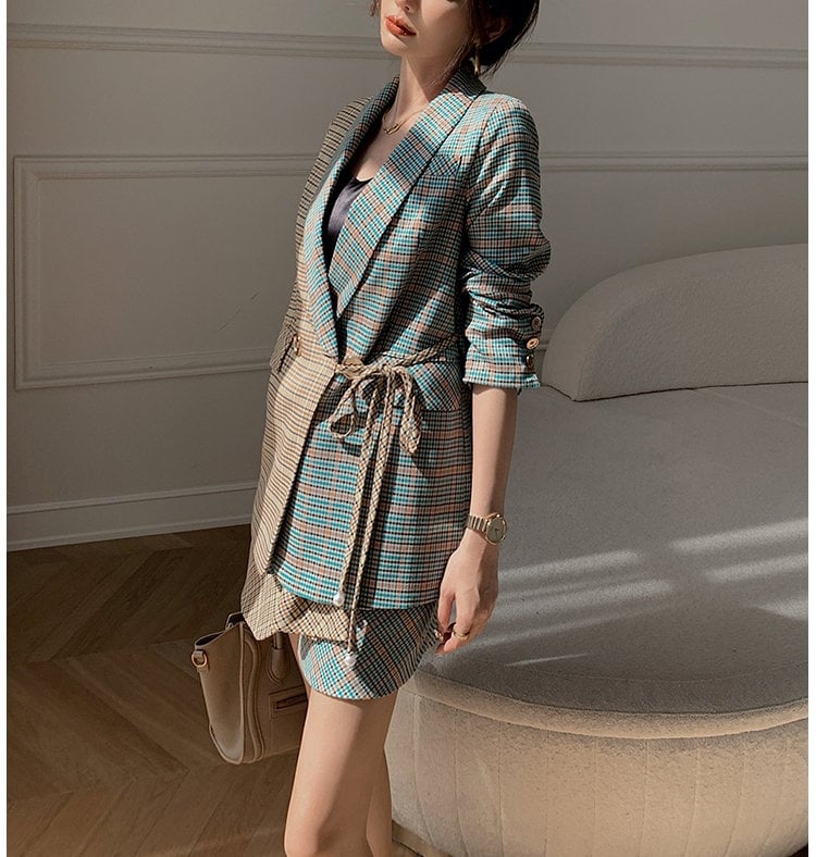 Designer Checkered Patchwork Dress Suit, Women Blazer & Dress set Collage Art Formal Smart Casual Event Party Wedding Outdoors Gift