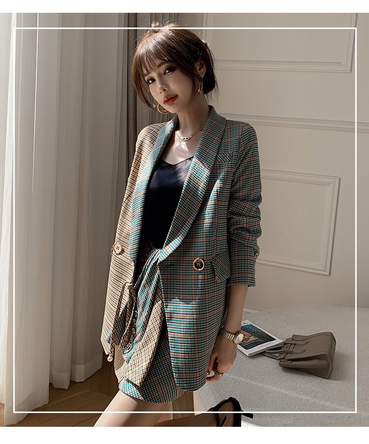 Designer Checkered Patchwork Dress Suit, Women Blazer & Dress set Collage Art Formal Smart Casual Event Party Wedding Outdoors Gift