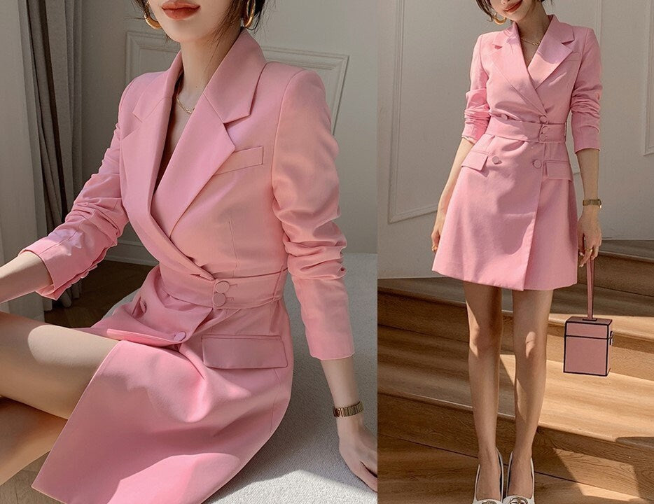 Pink Long Blazer Suit, Woman Trench Coat Minimalist Style Pastel Color Tone Smart Casual Formal Event Party Wedding Gift for her