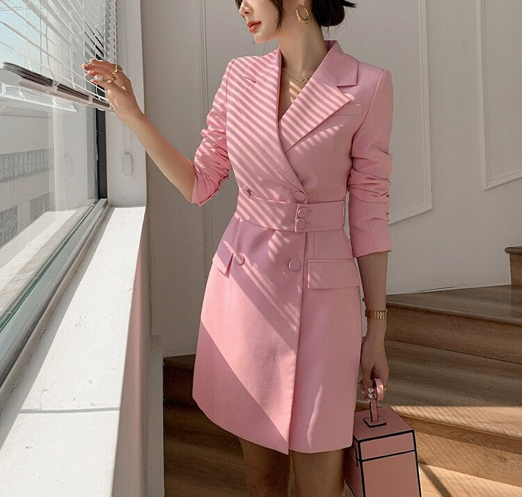 Pink Long Blazer Suit, Woman Trench Coat Minimalist Style Pastel Color Tone Smart Casual Formal Event Party Wedding Gift for her