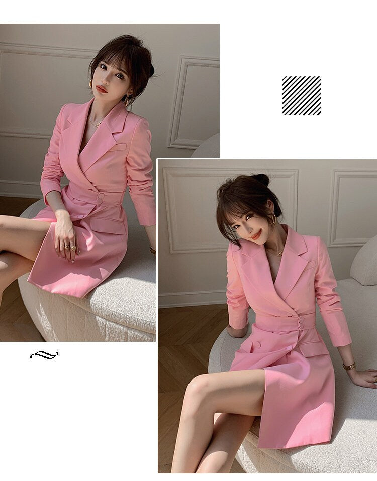 Pink Long Blazer Suit, Woman Trench Coat Minimalist Style Pastel Color Tone Smart Casual Formal Event Party Wedding Gift for her