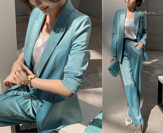 Glossy Blue Green Pantsuit, Woman Blazer (with diecut on sleeves) & Pants Minimalist style Formal Party Event Wedding Gift