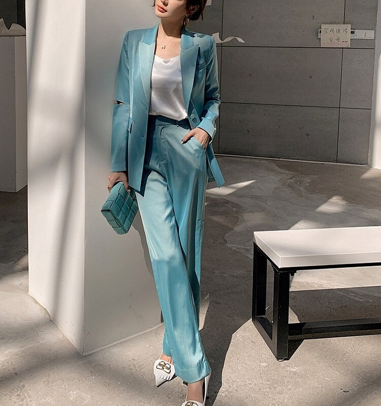 Glossy Blue Green Pantsuit, Woman Blazer (with diecut on sleeves) & Pants Minimalist style Formal Party Event Wedding Gift