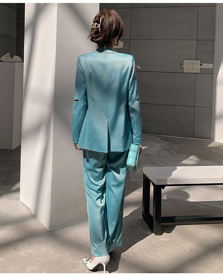 Glossy Blue Green Pantsuit, Woman Blazer (with diecut on sleeves) & Pants Minimalist style Formal Party Event Wedding Gift