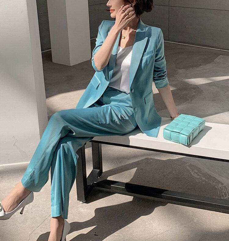 Glossy Blue Green Pantsuit, Woman Blazer (with diecut on sleeves) & Pants Minimalist style Formal Party Event Wedding Gift