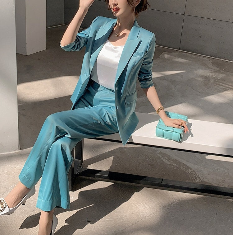 Glossy Blue Green Pantsuit, Woman Blazer (with diecut on sleeves) & Pants Minimalist style Formal Party Event Wedding Gift