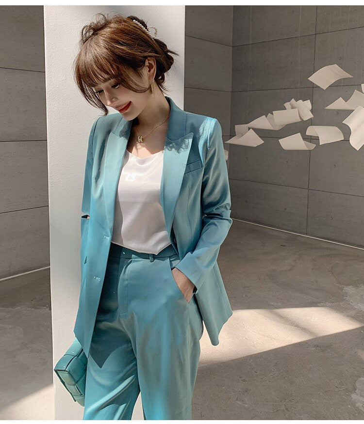 Glossy Blue Green Pantsuit, Woman Blazer (with diecut on sleeves) & Pants Minimalist style Formal Party Event Wedding Gift