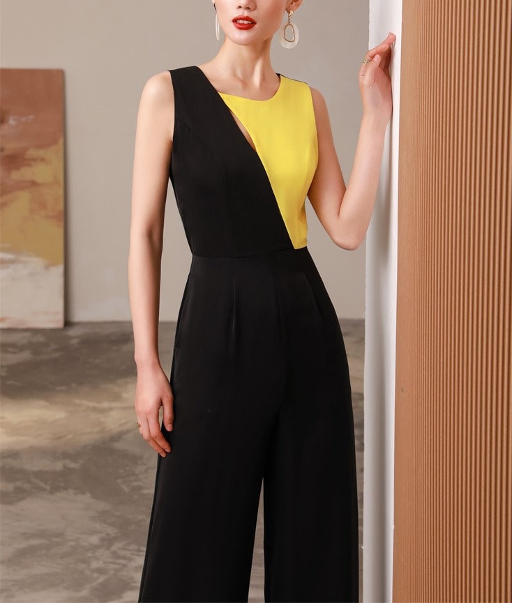 Patchwork Slim Cut Vest Jumpsuit, Designer Women Yellow Black High Rise Straight Wide Leg Smart Casual Formal Event Party Wedding Prom