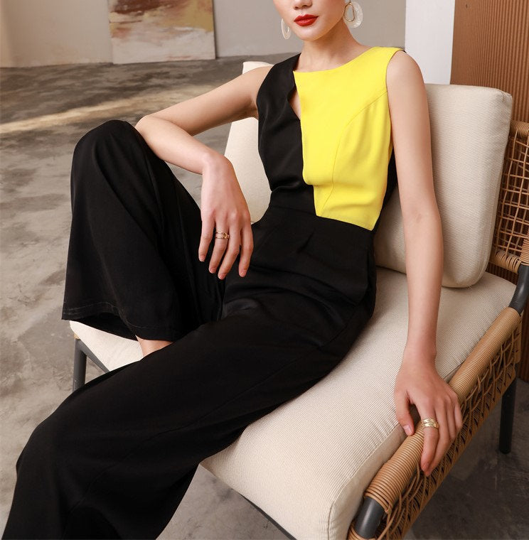 Patchwork Slim Cut Vest Jumpsuit, Designer Women Yellow Black High Rise Straight Wide Leg Smart Casual Formal Event Party Wedding Prom