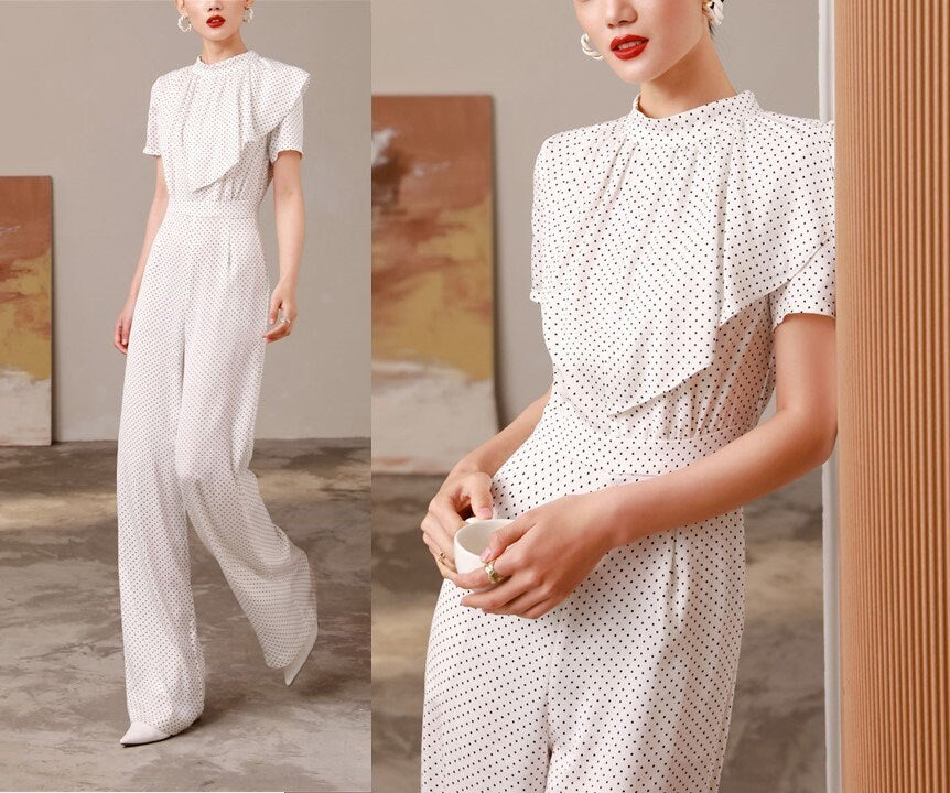 Dotted Slim Cut White Jumpsuit, Designer Women Rompers Ruffle High Rise Straight Wide Leg Smart Casual Formal Event Party Wedding Prom