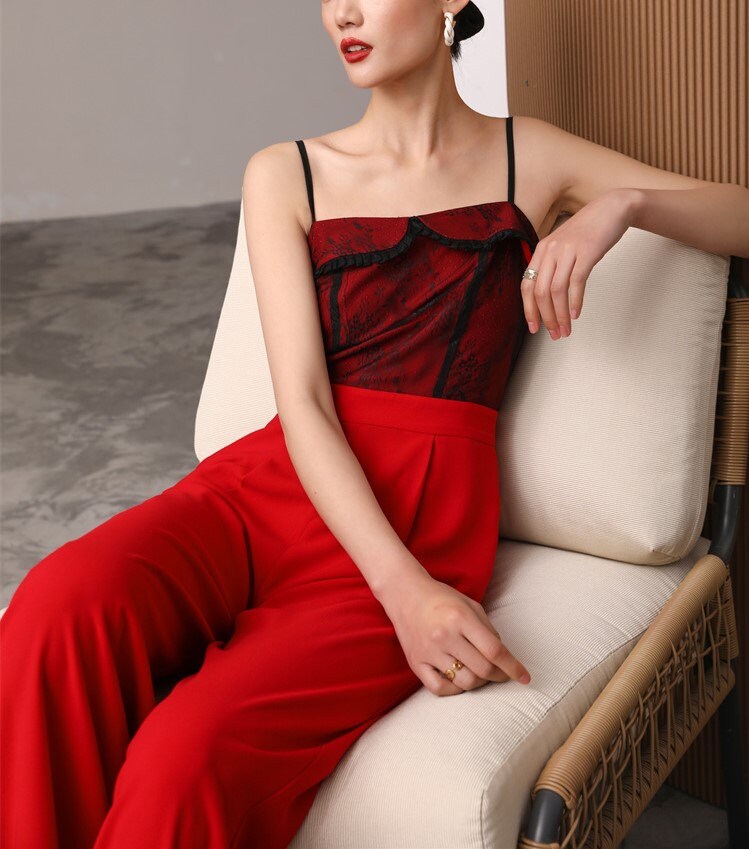 Red Silm Cut Vest Jumpsuit, Designer Women Rompers High Rise Straight Wide Leg Smart Casual Formal Event Party Wedding Prom