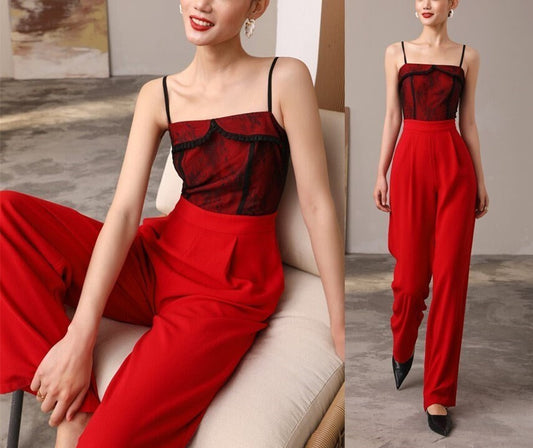 Red Silm Cut Vest Jumpsuit, Designer Women Rompers High Rise Straight Wide Leg Smart Casual Formal Event Party Wedding Prom