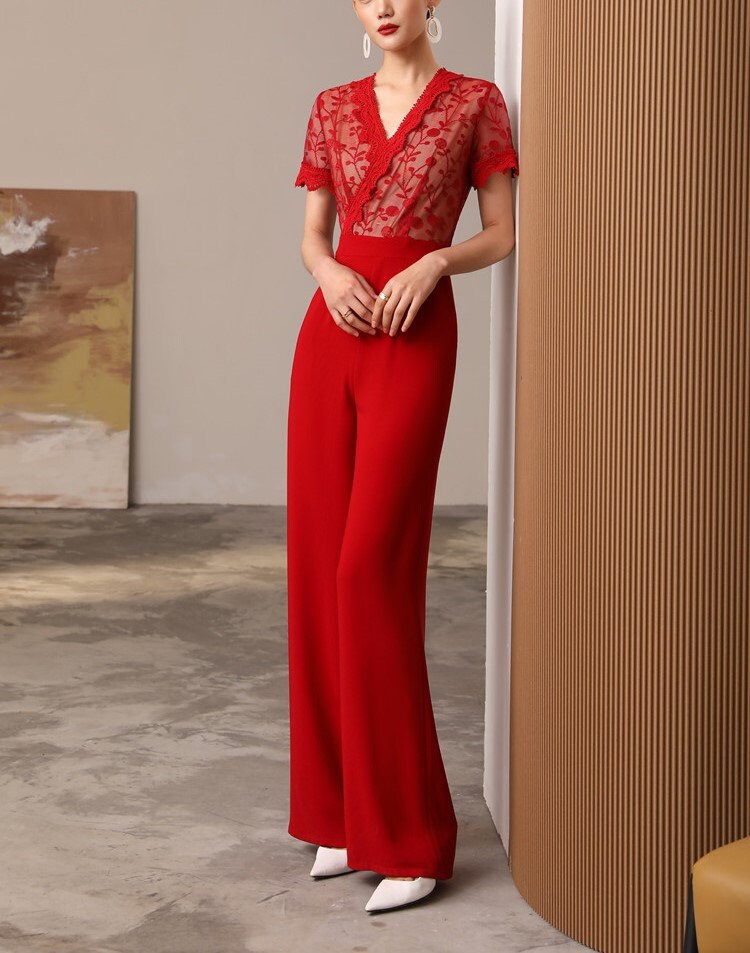 Red Lace Slim Cut Jumpsuit, Designer Women Rompers High Rise Straight Wide Leg Smart Casual Formal Event Party Wedding Prom