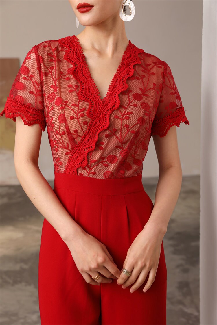 Red Lace Slim Cut Jumpsuit, Designer Women Rompers High Rise Straight Wide Leg Smart Casual Formal Event Party Wedding Prom