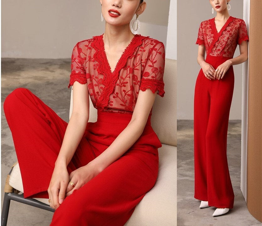 Red Lace Slim Cut Jumpsuit, Designer Women Rompers High Rise Straight Wide Leg Smart Casual Formal Event Party Wedding Prom