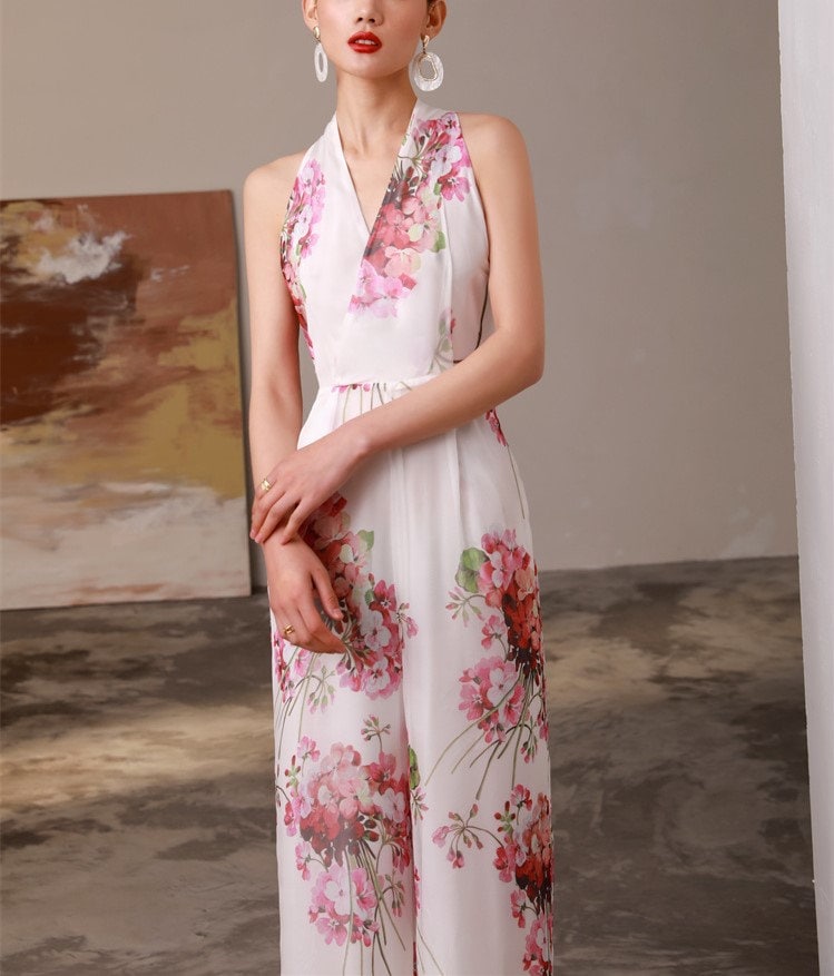 Floral Pattern Slim Cut Silk Vest Jumpsuit, Designer Women Rompers High Rise Straight Wide Leg Smart Casual Formal Event Party Wedding Prom