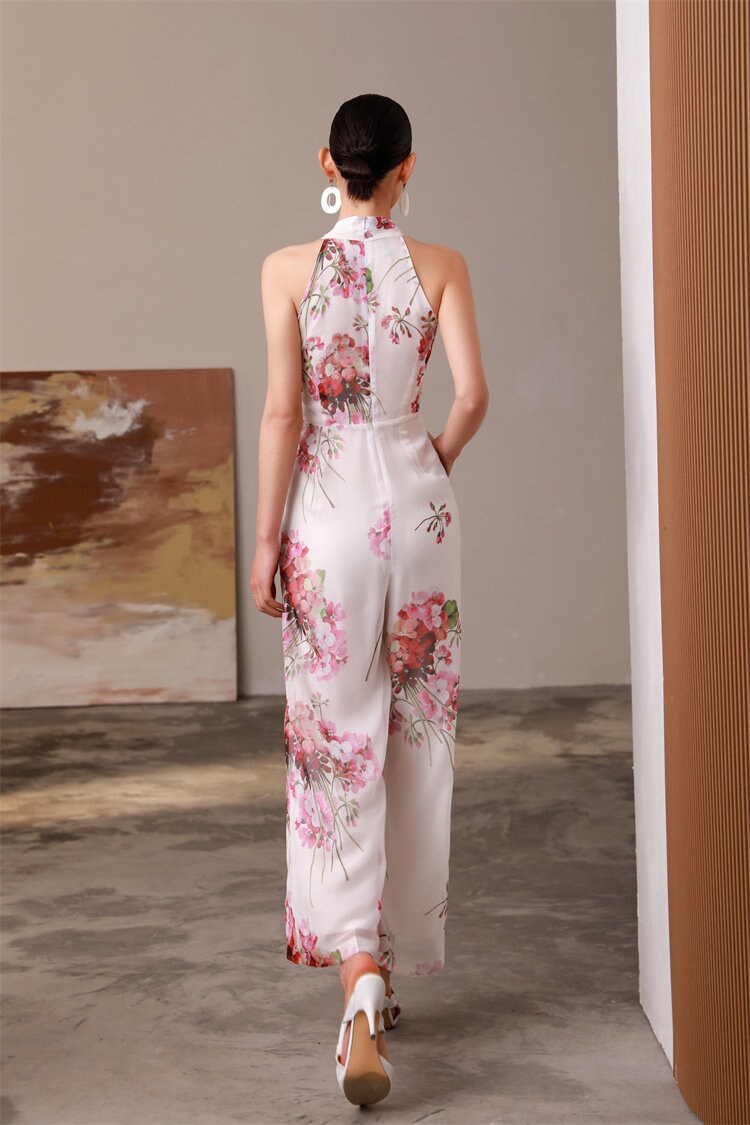 Floral Pattern Slim Cut Silk Vest Jumpsuit, Designer Women Rompers High Rise Straight Wide Leg Smart Casual Formal Event Party Wedding Prom