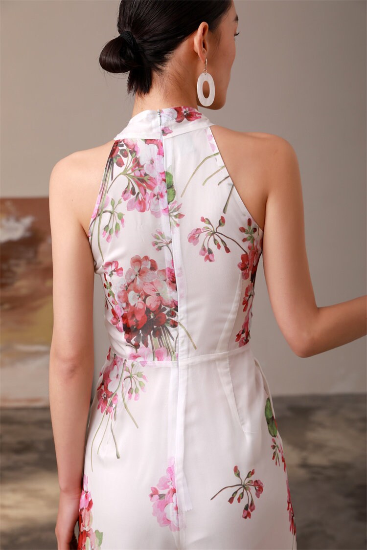 Floral Pattern Slim Cut Silk Vest Jumpsuit, Designer Women Rompers High Rise Straight Wide Leg Smart Casual Formal Event Party Wedding Prom