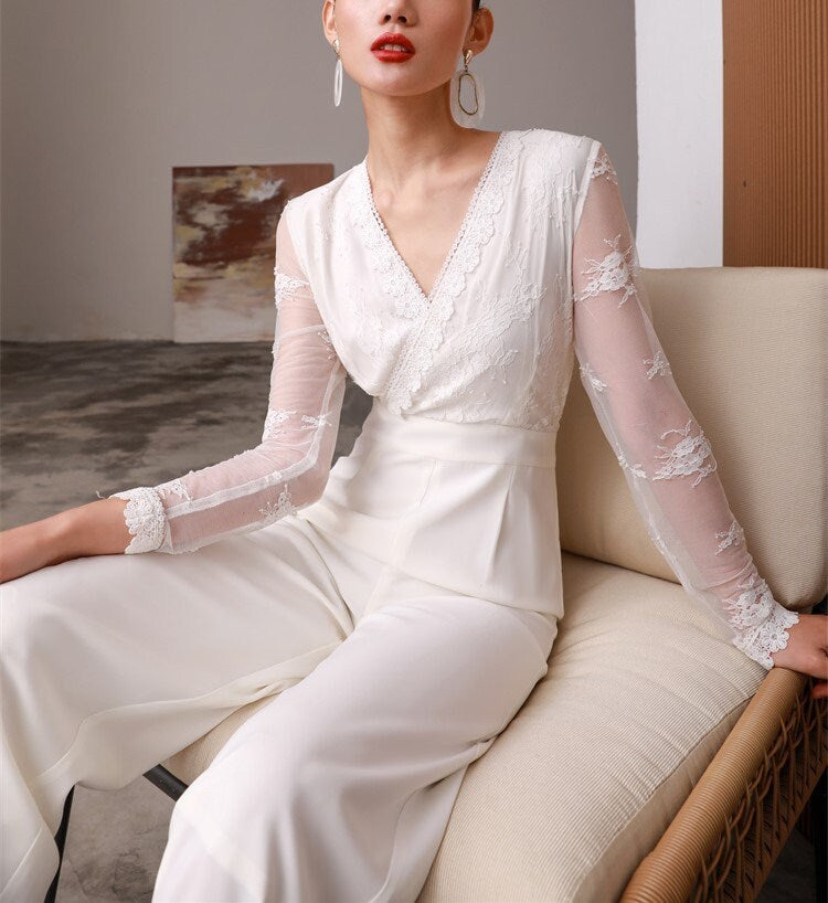 White Lace Sleeves Slim Cut Silk Jumpsuit, Designer Women Rompers High Rise Straight Wide Leg Smart Casual Formal Event Party Wedding Prom