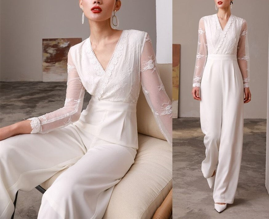 White Lace Sleeves Slim Cut Silk Jumpsuit, Designer Women Rompers High Rise Straight Wide Leg Smart Casual Formal Event Party Wedding Prom