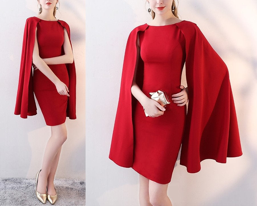 Red Cape Dress, Women Cape Coat Blazer Minimalist Elegant Style Smart Casual Formal Party Wedding Dress Gift for her