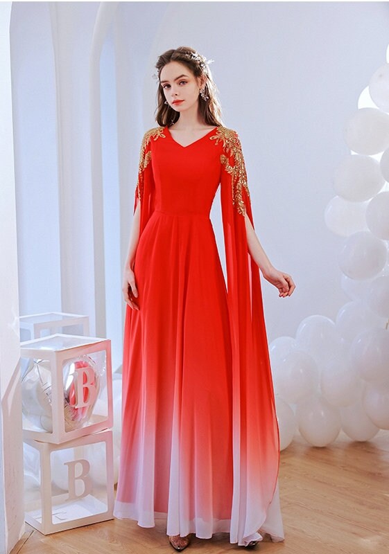 Red Deluxe Cape Dress subtle gradation, Women Princess Dress Gold Decoration for Wedding Party Event Anniversary Gift for her