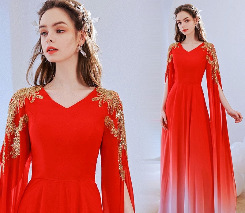 Red Deluxe Cape Dress subtle gradation, Women Princess Dress Gold Decoration for Wedding Party Event Anniversary Gift for her