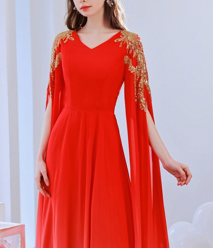 Red Deluxe Cape Dress subtle gradation, Women Princess Dress Gold Decoration for Wedding Party Event Anniversary Gift for her