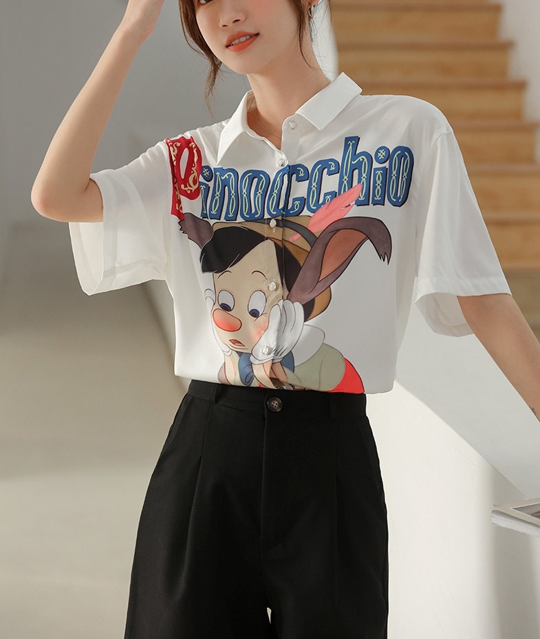 Pinocchio Graphics Blouse, Designer Woman Short Sleeve Shirt Smart Casual Formal Event Party Gift for her