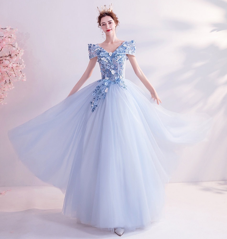 Pastel Blue Floral Long Tulle Prom Dress, Women Wedding Fairy Princess Look for Event Party Function Gift for her