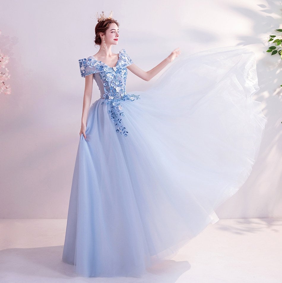 Pastel Blue Floral Long Tulle Prom Dress, Women Wedding Fairy Princess Look for Event Party Function Gift for her