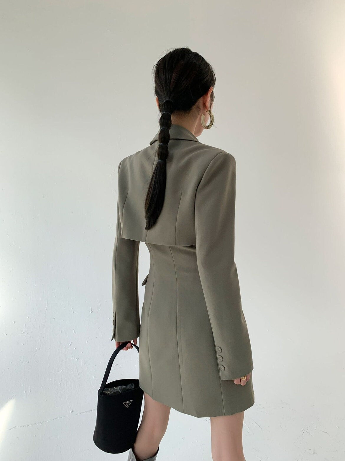 Gray Dress Suit Short Blazer One Piece Overall Dress Slim Cut Smart Casual Formal Event Party Business Meeting look Gift