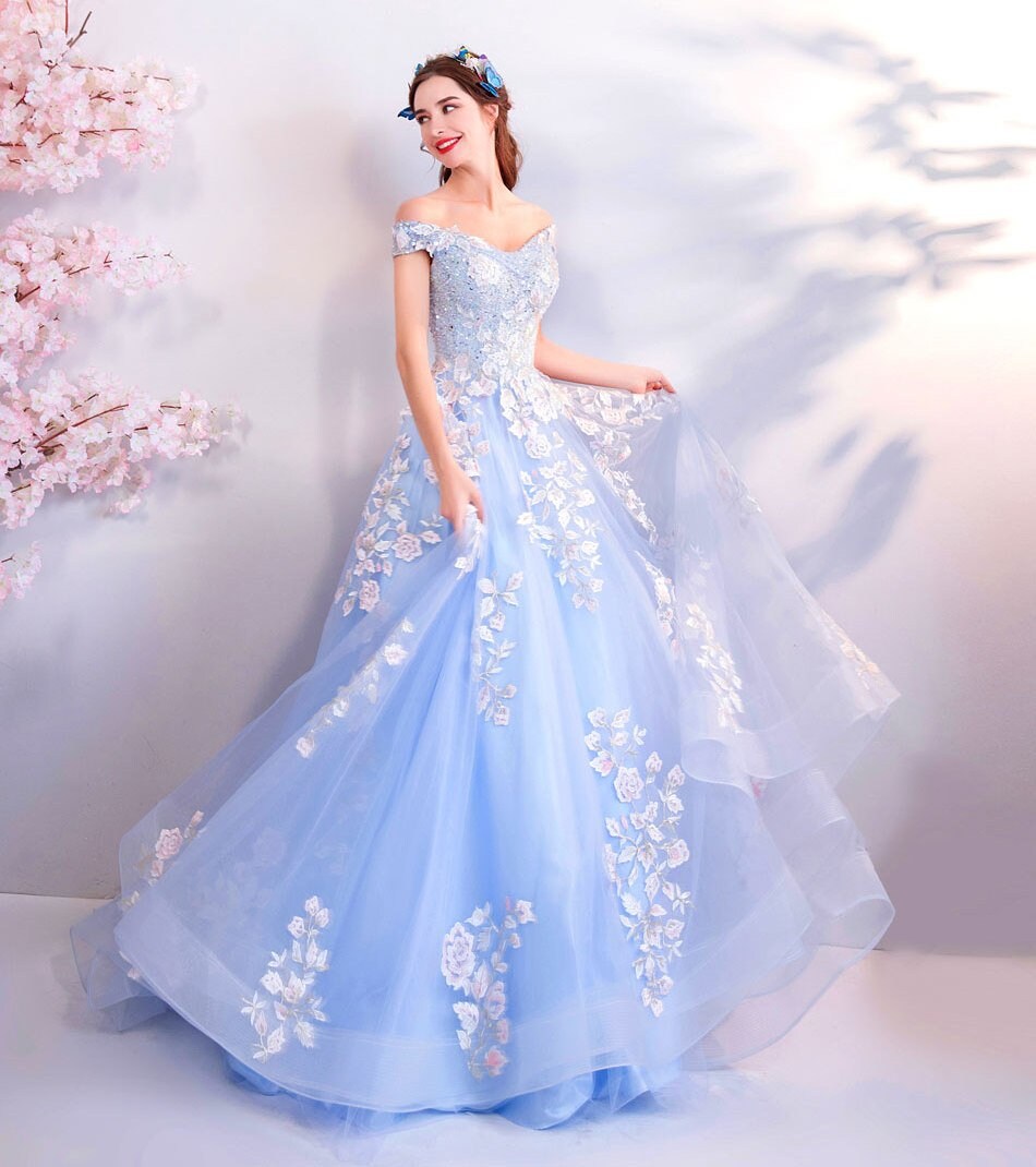 Blue Floral Princess Prom Dress, Women Wedding Royal Bridal Look for Event Party Cocktail Other Functions Gift for her