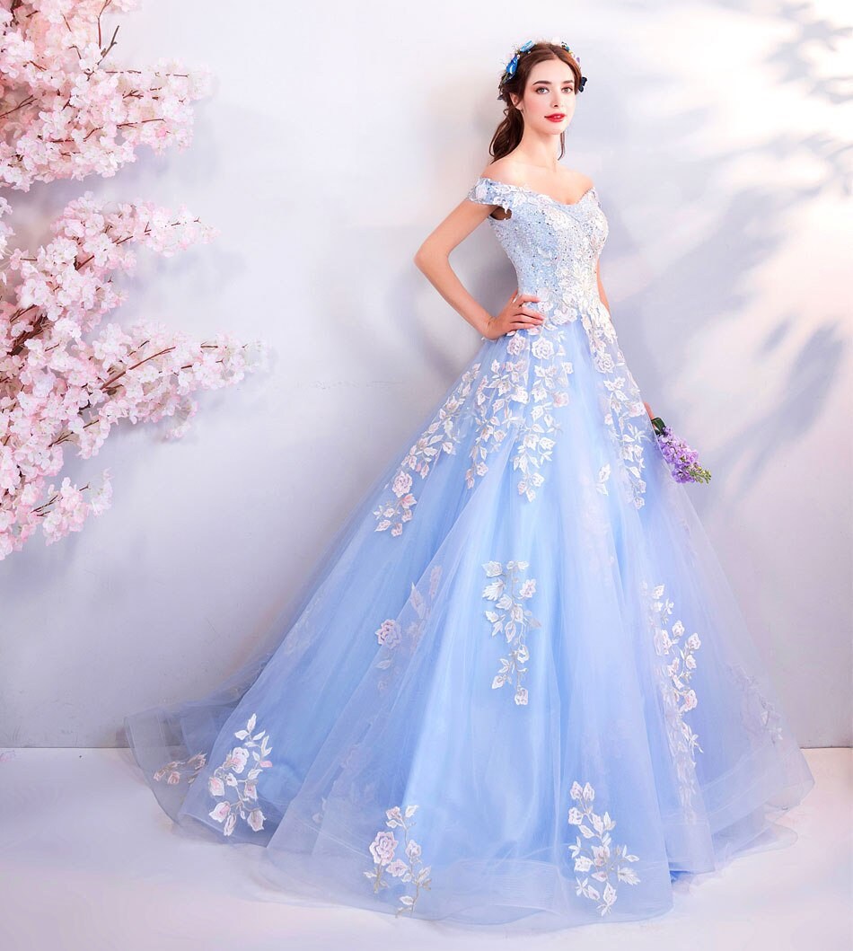 Blue Floral Princess Prom Dress, Women Wedding Royal Bridal Look for Event Party Cocktail Other Functions Gift for her