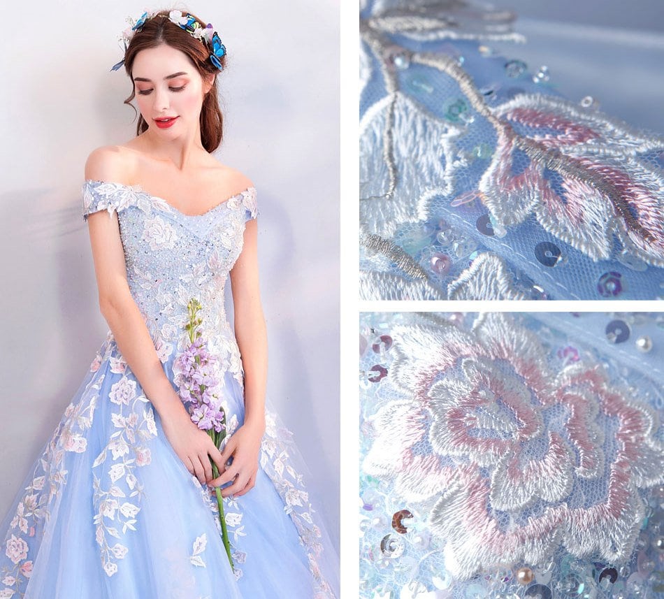 Blue Floral Princess Prom Dress, Women Wedding Royal Bridal Look for Event Party Cocktail Other Functions Gift for her