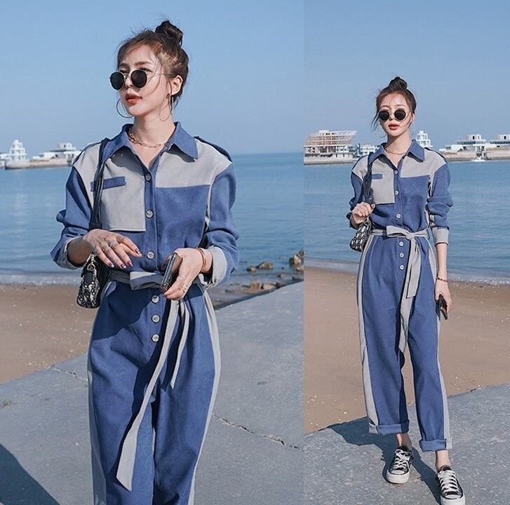 Blue Patchwork Jumpsuit, Woman Rompers Street Smart Casual Asymmetrical Overalls Holiday Playsuit for Outdoors Wedding Prom Party Gift