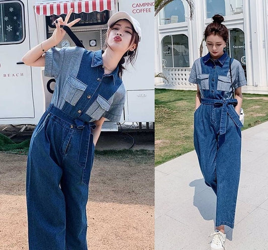 Denim Patchwork Jumpsuit, Woman Jeans Rompers Street Smart Casual High Rise Overalls Holiday Playsuit Outdoors Wedding Prom Party Gift