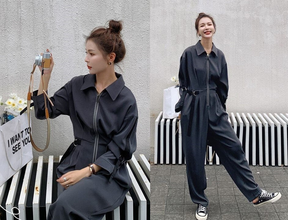 Dark Gray Stripped Jumpsuit, Woman Jeans Rompers Street Smart Casual High Rise Overalls Holiday Playsuit Outdoors Wedding Prom Party Gift