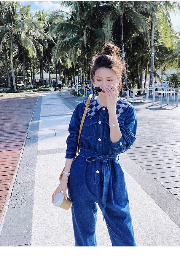 Denim Jumpsuit Checkered Collar, Woman Unique Rompers Street Smart Casual High Rise Overalls Holiday Playsuit Outdoors Wedding Party Gift