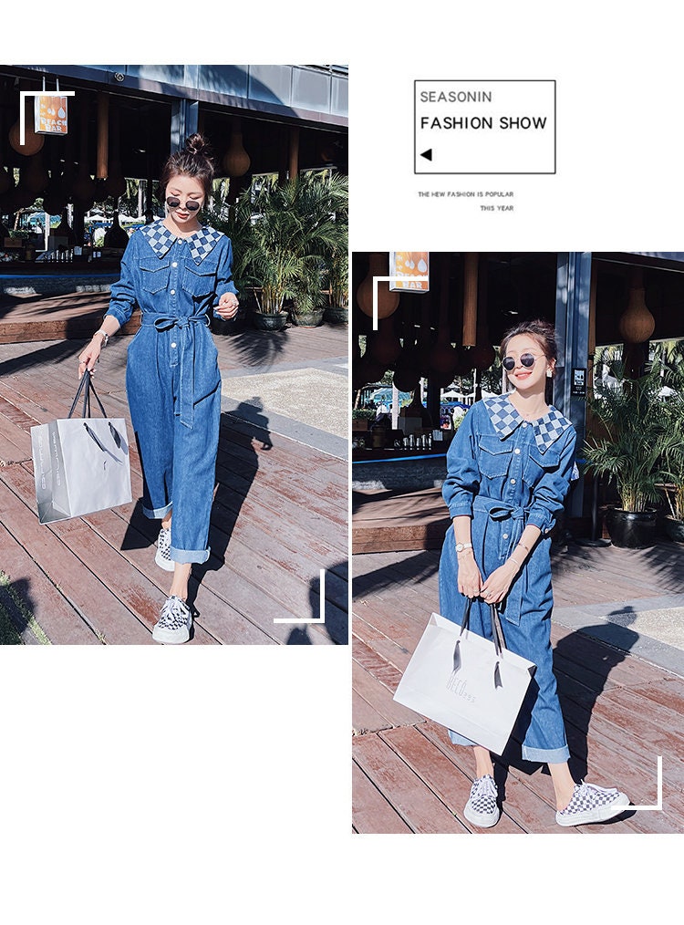 Denim Jumpsuit Checkered Collar, Woman Unique Rompers Street Smart Casual High Rise Overalls Holiday Playsuit Outdoors Wedding Party Gift