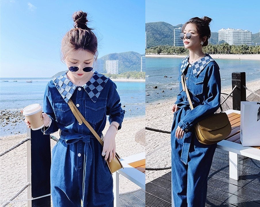 Denim Jumpsuit Checkered Collar, Woman Unique Rompers Street Smart Casual High Rise Overalls Holiday Playsuit Outdoors Wedding Party Gift