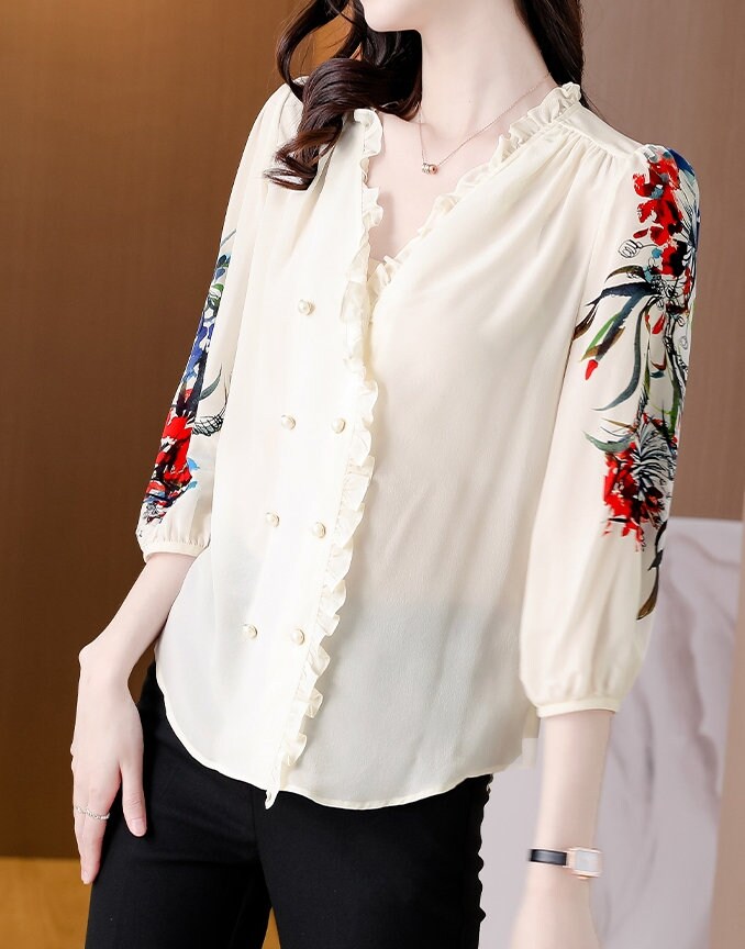 Chiffon Floral Sleeves Blouse, Designer Woman Silk Elegant Button Shirt Smart Casual Formal Event Party Gift for her