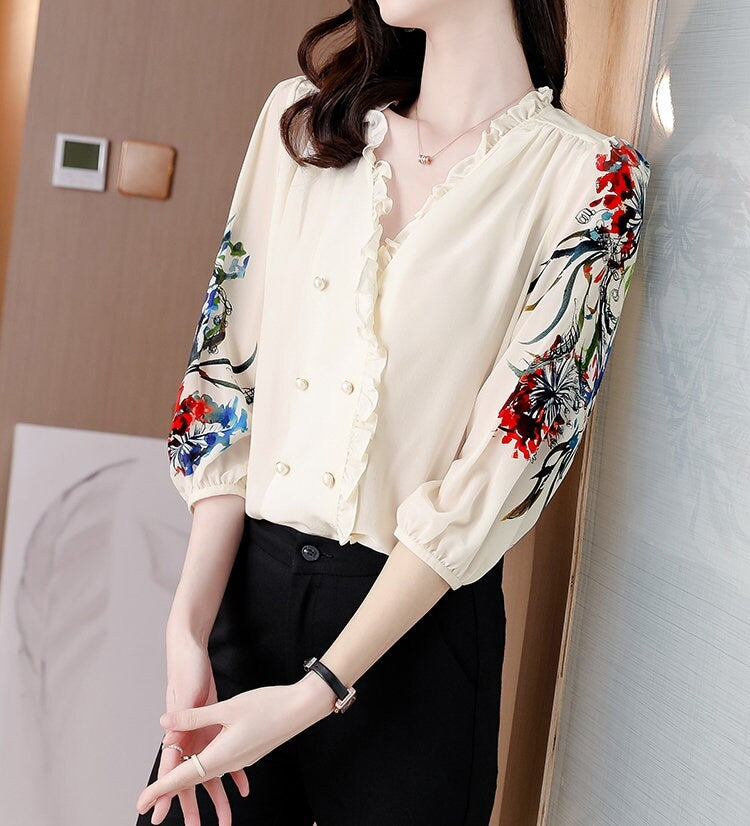 Chiffon Floral Sleeves Blouse, Designer Woman Silk Elegant Button Shirt Smart Casual Formal Event Party Gift for her